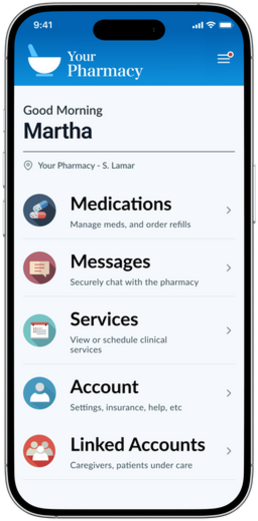 Patient portal home screen showing medications, messages, services, and account