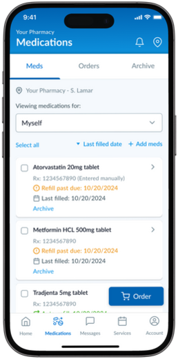 Patient portal medications screen showing prescriptions and refill status